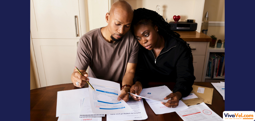 Patient looking shocked while reviewing unexpectedly high hospital bill at discharge.
