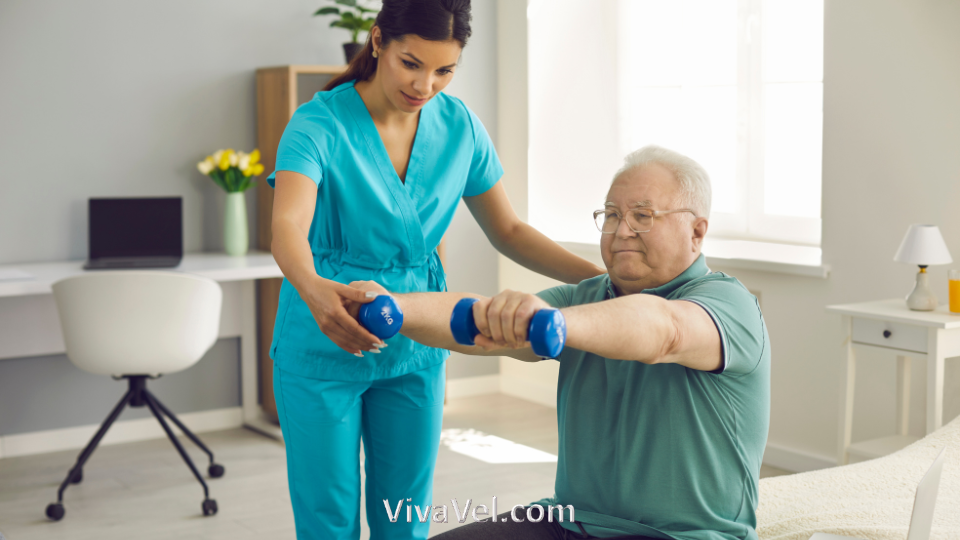 Patient undergoing post stroke rehabilitation therapy with physiotherapist | VivaVel Health, focusing on recovery, mobility, and neurological healing.